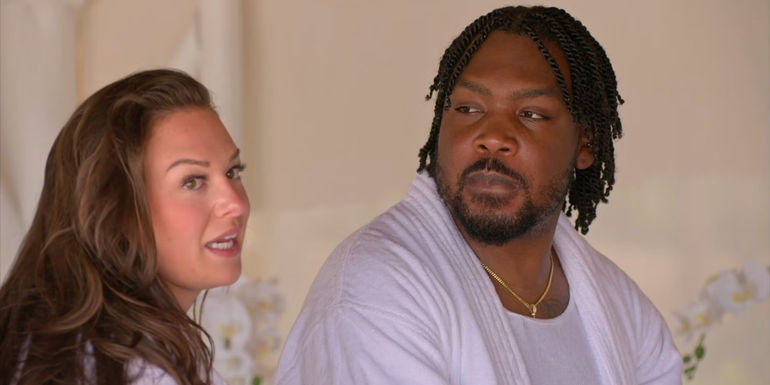 Brittany and Kenny Love Is Blind season 6 in white talking to each other after having massages