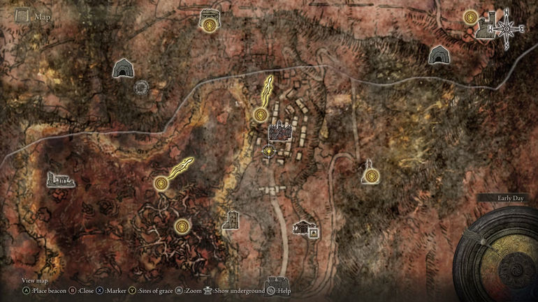 Elden Ring - Sellia second tower location - After lighting the first brazier, descend the ladder and utilize Torrent to jump through the roofs and branches to reach the tower on the south