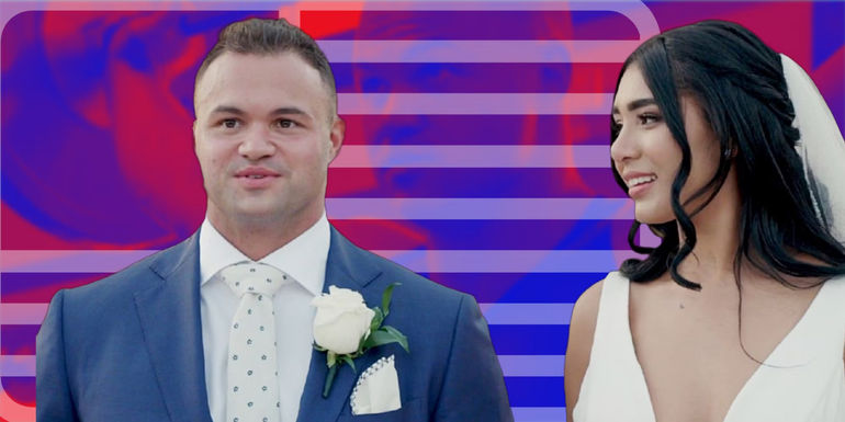 Patrick and Thais Mendes pose in their wedding clothes. The background is a red and blue filtered image of Patrick weight lifting and an American flag