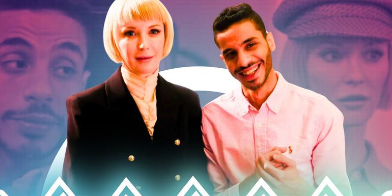 90 Day Fiancé Nicole in black blazer and Mahmoud Sherbiny in pink shirt smiling standing next to each other 