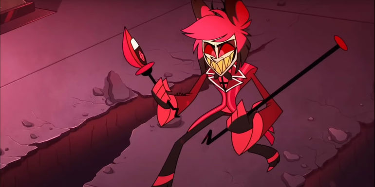 Alastor holding a broken staff in Hazbin Hotel