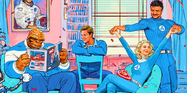 Ben Grimm, Johnny Storm, Sue Storm and Reed Richards in MCU Fantastic Four Valentine's Day poster - Embracing the Retro Sci-Fi Vibes