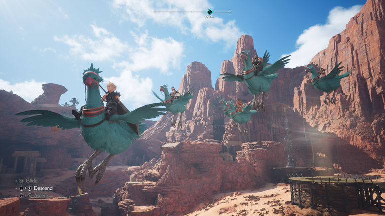 A screenshot from Final Fantasy 7 Rebirth, showing Cloud and other in-game party members riding Chocobos.