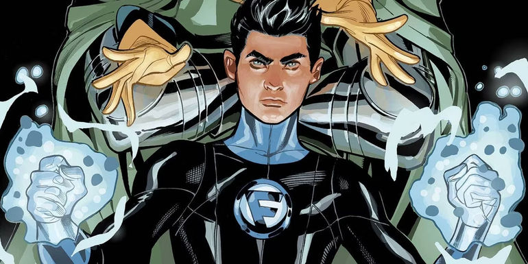 Franklin Richards in the comics with black hair and glowing fists in front of Doctor Doom - Introducing Franklin Richards
