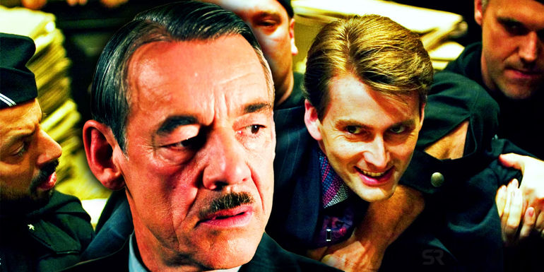 A blended image features a serious Barty Crouch and Barty Crouch Jr