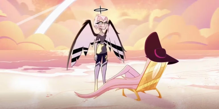 Lute talking to Lilith on a beach in Hazbin hotel