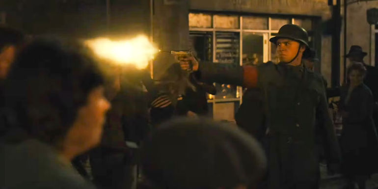 Nazi soldier shooting in a crowd from Masters of the Air