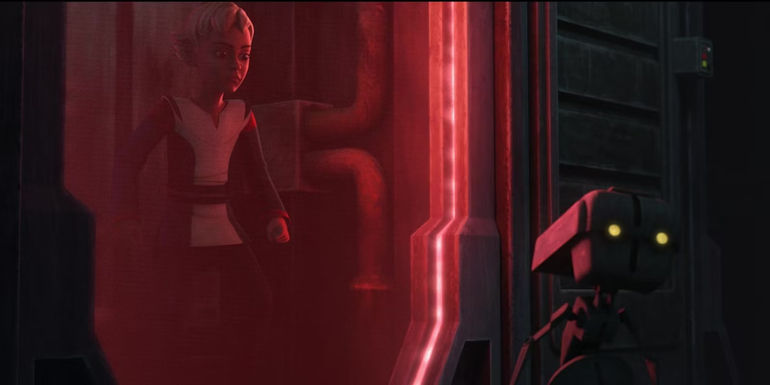Omega imprisoned on Cad Bane's ship with Todo 360 from The Bad Batch season 3