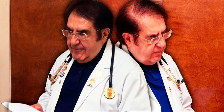 Dr. Nowzaradan My 600-lb Life wearing white coat and stethoscope two different expressions - Ashley Experienced Trauma Before My 600-Lb Life