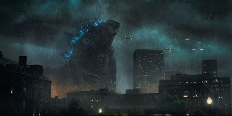 Godzilla walking and roaring in The City In Godzilla King Of The Monsters - Godzilla: King Of The Monsters (2019)