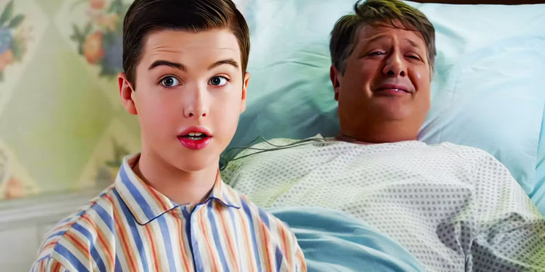 A split screen of Young Sheldon looking surprised and George in the hospital