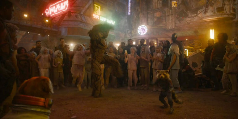 Guardians of the Galaxy Vol 3 Dance Off Scene with Rocket and Groot