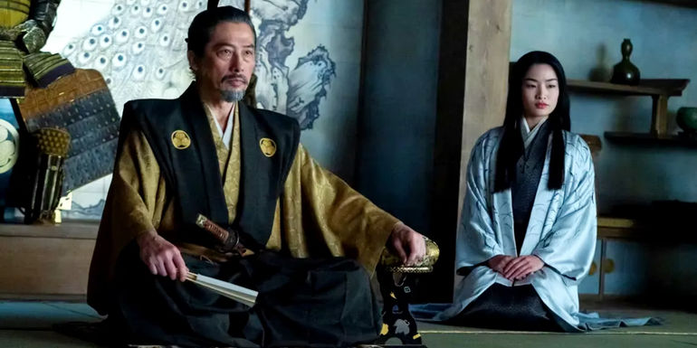 Hiroyuki Sanada as Lord Yoshii Toranaga and Anna Sawai as Lady Mariko in Shogun - Shogun's Location Glossary