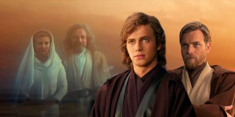 Force ghosts Luke and Leia from The Rise of Skywalker stand opposite Anakin Skywalker and Obi-Wan Kenobi from Revenge of the Sith.