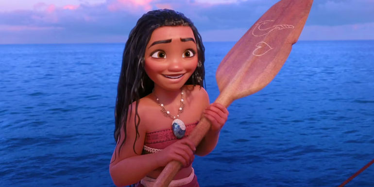 Moana clutching an oar in Moana