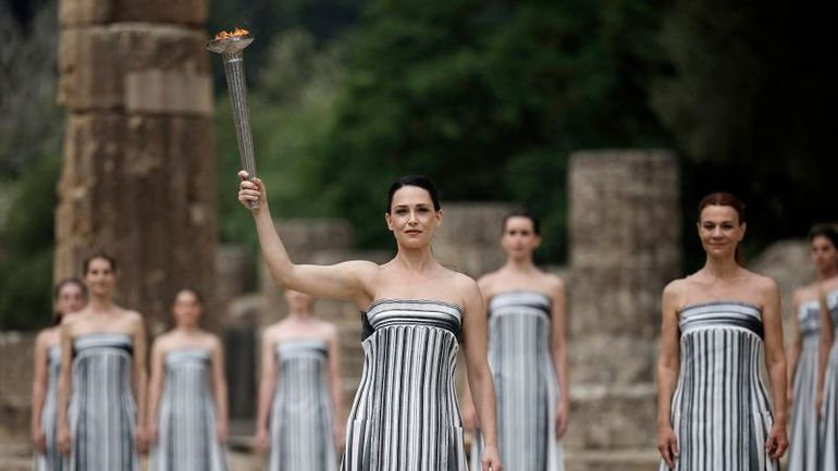 Historic Lighting of Paris 2024 Olympic Flame in Olympia