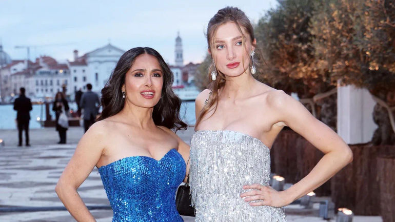 Salma Hayek and Stepdaughter Mathilde Pinault Shine in Shimmering Attire at Prestigious Art Event in Italy