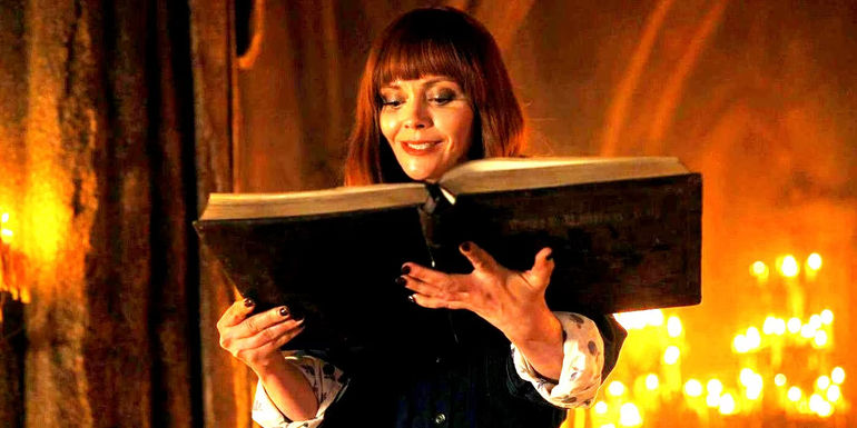 Christina Ricci as Marilyn Thornhill reading the book in Wednesday