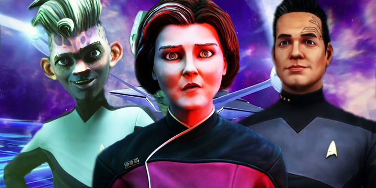 Dal R'El, Admiral Janeway and Captain Chakotay in Star Trek: Prodigy