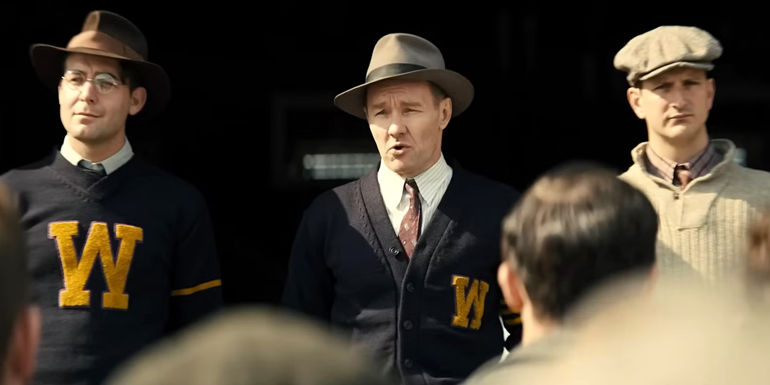 Joel Edgerton as Al Ulbrickson in The Boys in the Boat.