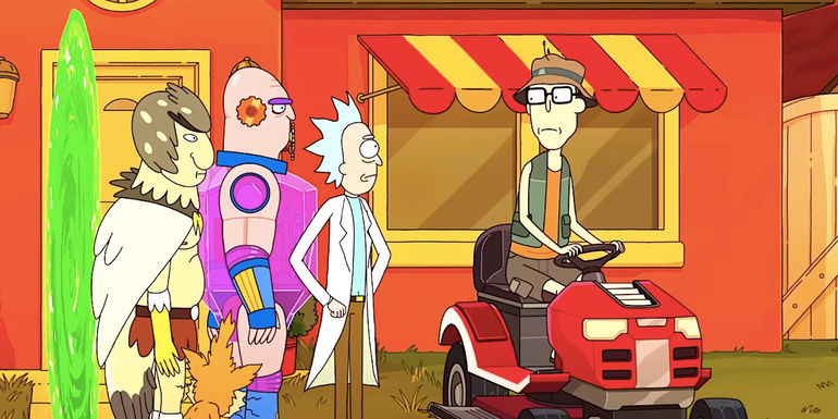 Birdperson, Squanchy, Gearhead, and Rick talk to Gene as he sits on a ride-on lawnmower beside a portal in Rick and Morty season 7