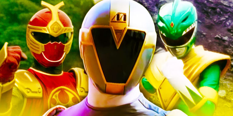 A custom image featuring Power Rangers Ninja Storm's Crimson Ranger, Lightspeed Rescue's Titanium Ranger, and Mighty Morphin's Green Ranger