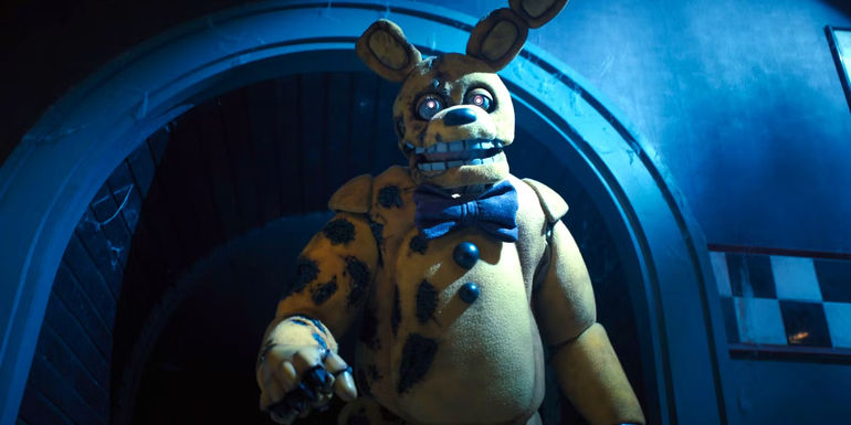 Spring Bonnie walks through an archway in Freddy Fazbear's Pizza.