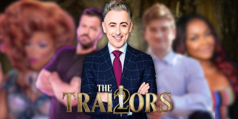 The Traitors host Alan Cumming, with blurred shots of four season 2 contestants