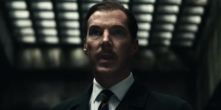 Benedict Cumberbatch in a dark room in The Courier
