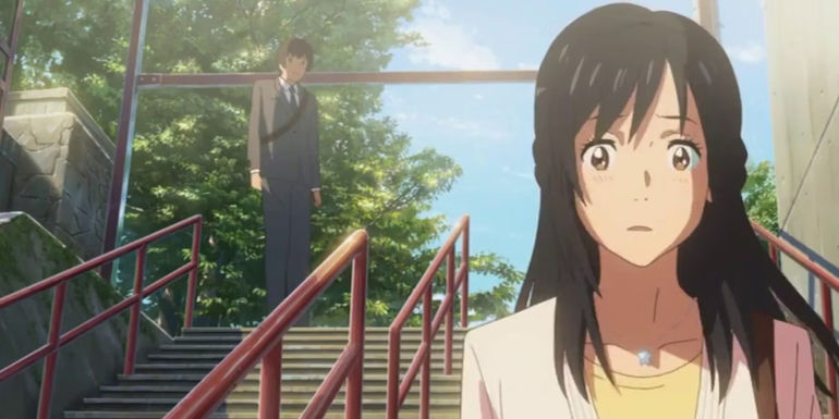 Taki and Mitsuha on the stairs in the Your Name ending