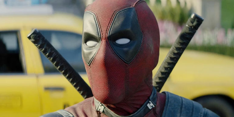 A close-up of Deadpool's masked face in Deadpool 2