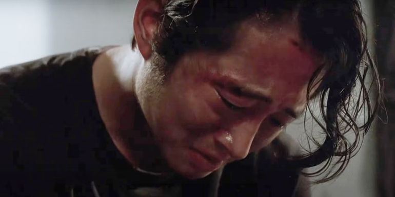 Steven Yeun as Glenn looking upset in The Walking Dead