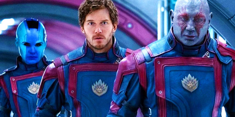 Nebula, Peter Quill and Drax in Guardians uniforms in Guardians of the Galaxy Vol. 3