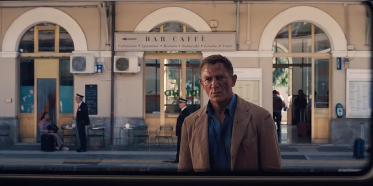 James Bond watching Madeleine getting on the train in No Time To Die 