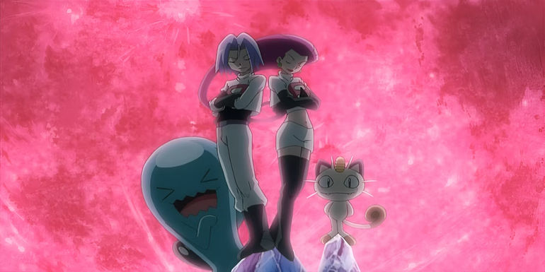 A man with purple hair, a woman with pink hair, a purple blob-like creature, and a white cat stands in front of a pink moon.