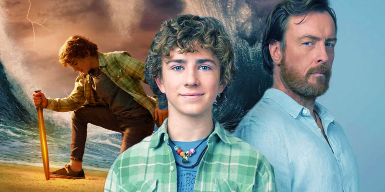 Percy Jackson kneeling with his sword in the official poster next to Percy and Poseidon
