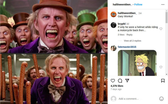 Two views of Gary Busey making a maniacal face as Willy Wonka
