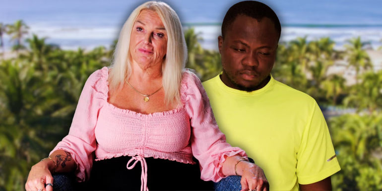 90 Day The Last Resort's Angela Deem & Michael Ilesanmi in front of a tropical background