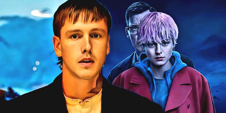 Harris Dickinson as Bill and Emma Corrin as Darby in A Murder at the End of the World