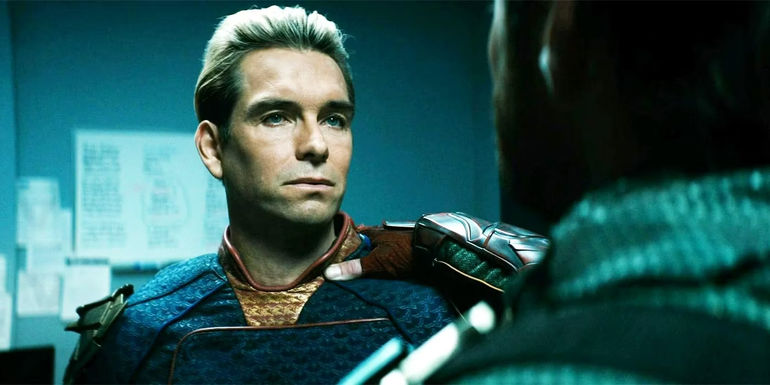 Antony Starr as Homelander looking at Jensen Ackles Soldier Boy in The Boys season 3 finale