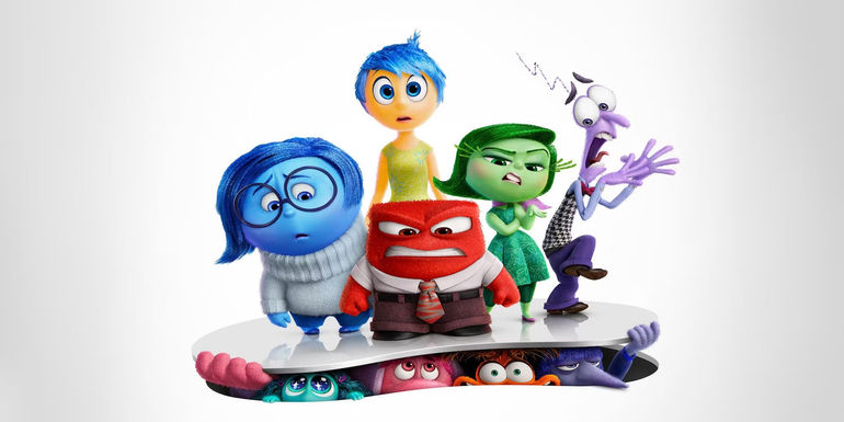 Original emotions from Inside Out stepping on new emotions in Inside Out 2 promo image