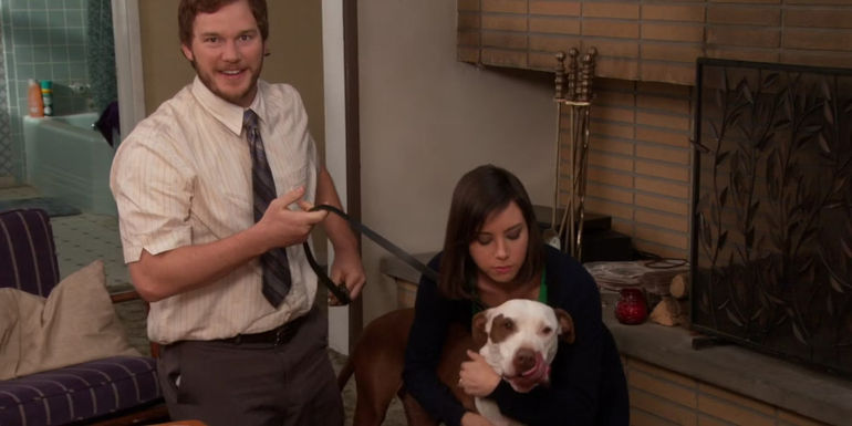 April and Andy with their dog in Parks and Recreation