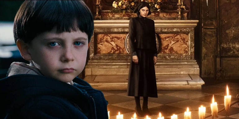 A composite image of Damien from The Omen with Nell Tiger Free in The First Omen