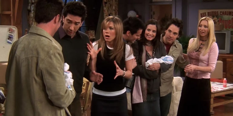 Friends Monica and Chandler bring their babies home