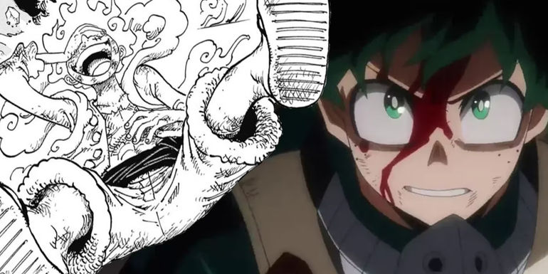 An Image of Gear 5 Luffy from the One Piece manga and an image of Deku with a bloody face from the My Hero Academia anime