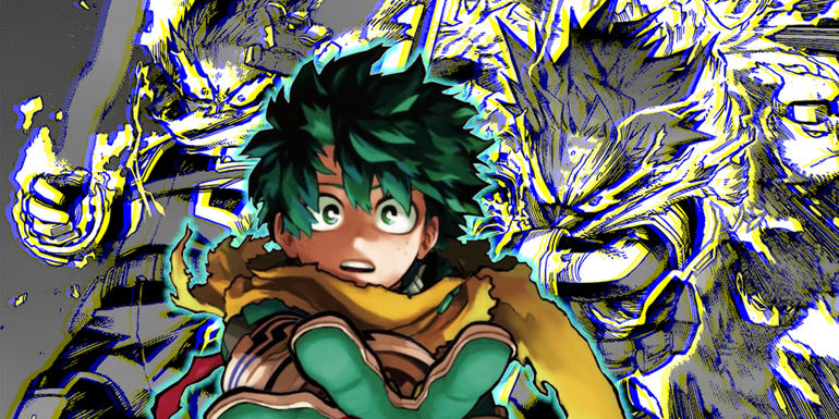 Deku from My Hero Academia's Cover of Volume 35 with Deku using Gearshift in the manga in the background
