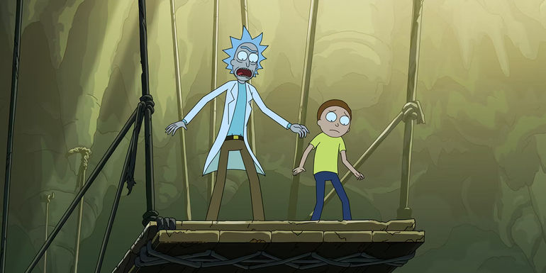 Rick and Morty at the end of a wooden bridge looking afraid in Rick and Morty season 7