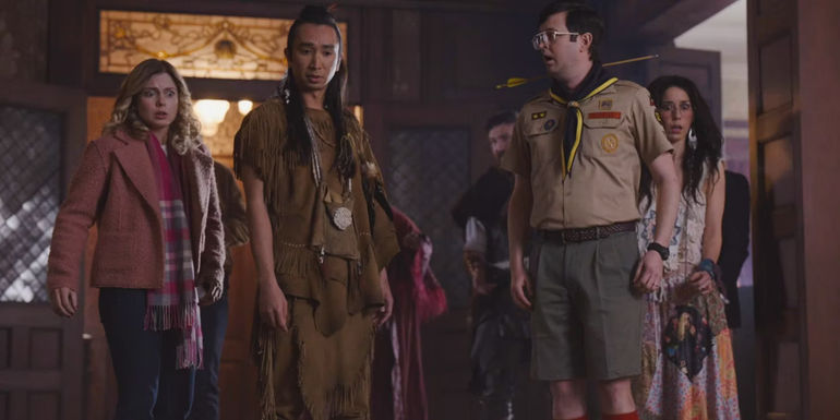 Sam, Sass, and Pete looking shocked at something in Ghosts