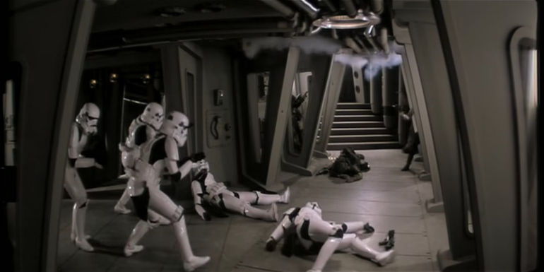 Han Solo, Chewbacca, and Rebel Commandos battle Imperial Stormtroopers on Endor.
