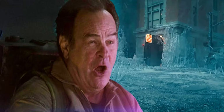 Custom image of Dan Aykroyd firing his proton pack in Ghostbusters: Afterlife juxtaposed with an iced-over firehouse headquarters in Ghostbusters: Frozen Empire.Frozen Empire